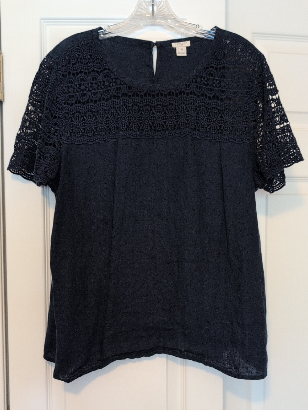 J. Crew Navy Crochet Yoke Short-Sleeve Linen Blouse
